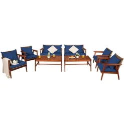 Costway 8PCS Patio Rattan Furniture Set Acacia Wood Frame Cushioned Sofa Chair RedNavy -Costway GUEST 80d4e4ac 952d 4f5f a6a6 d9f5978c7248