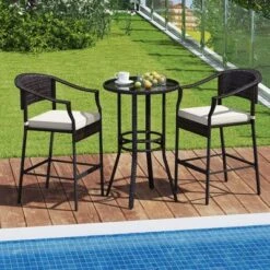 Costway 3 PCS Patio Rattan Bar Set Wicker Armchairs & Round Table With Tempered Glass Top -Costway GUEST 811d6307 4544 4a9e a49e b8d651feef0f