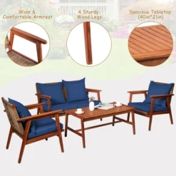 Costway 8PCS Patio Rattan Furniture Set Acacia Wood Frame Cushioned Sofa Chair RedNavy -Costway GUEST 817bb46d c424 495b 9346 0830d1ddec73