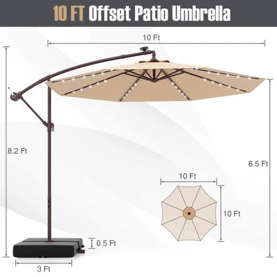 Costway Patio 10FT Hanging Offset Umbrella 32 LED Lights Sand Bag Outdoor Cross Base Beige/Turquoise/Dark Gray/Wine/Coffee/Navy 4 Costway Patio 10FT Hanging Offset Umbrella 32 LED Lights Sand Bag Outdoor Cross Base Beige/Turquoise/Dark Gray/Wine/Coffee/Navy - Image 2