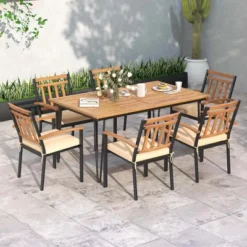Costway 63-Inch Outdoor Dining Table For 6 People With Acacia Wood Tabletop & Metal Legs
