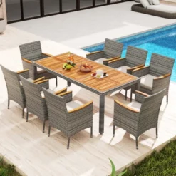 Costway 9 PCS Patio Dining Set For 8 Table And PE Rattan Chairs With 2" Umbrella Hole Navy/White -Costway GUEST 82701012 4543 43f0 bf40 86cd72aa7d8e