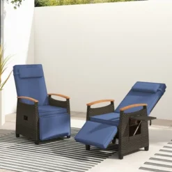 Costway 1/2 PCS Patio Wicker Recliner Chair With Adjustable Backrest Footrest Flip Side Table Navy -Costway GUEST 832140ab 1a63 4182 b034 aa6932a90585