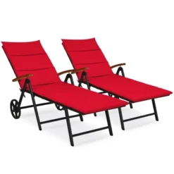 Costway 2 PCS Folding Patio Rattan Lounge Chair Cushioned Aluminum W/ Wheel
