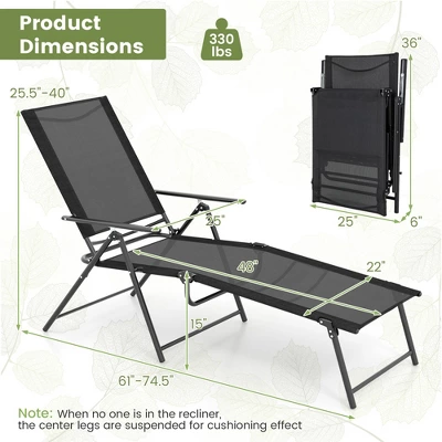 Costway 2 Piece Patio Folding Chaise Lounge Chairs With 6-Level Backrest Reclining Chairs Tan/Black/Grey 4 Costway 2 Piece Patio Folding Chaise Lounge Chairs With 6-Level Backrest Reclining Chairs Tan/Black/Grey - Image 2