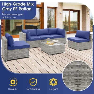 Costway 6 PCS Patio Conversation Sofa Set Outdoor Rattan Furniture Cushioned Seat Navy 8 Costway 6 PCS Patio Conversation Sofa Set Outdoor Rattan Furniture Cushioned Seat Navy - Image 6