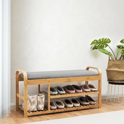Costway Shoe Rack Entryway 3-Tier Bamboo Shoe Bench Organizer W/Cushion Modern Stool 3 Costway Shoe Rack Entryway 3-Tier Bamboo Shoe Bench Organizer W/Cushion Modern Stool