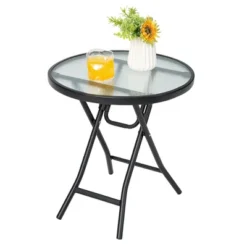 Costway Patio Folding Round Glass Side Table Bistro Coffee Table Plant Stand -Costway GUEST 85ecddd5 c097 4754 99d4 0a704ece145f