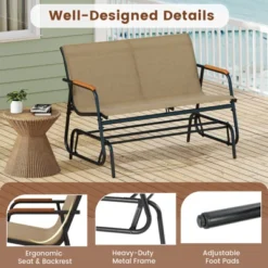 Costway Patio Glider Bench For 2 Swing Gliding Loveseat With Curved Teak Armrests For Porch -Costway GUEST 866383cf 998b 462c af5d a30d629e39ed
