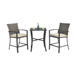 3PCS Patio Rattan Bar Furniture Set Slat Table 2 Cushioned Stools Poolside Gray -Costway GUEST 869be298 19d4 4f6a a19d c34ce8ce6ba0