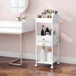Costway Makeup Organizer Cart With 2 Storage Drawers & Lockable Wheels For Perfume, White -Costway GUEST 872062a1 1eea 48e3 aa67 9915e1716b65