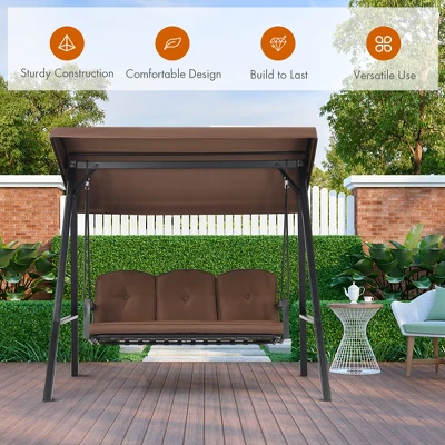 Costway Outdoor 3-Seat Porch Swing With Adjust Canopy And Cushions GrayBrown 4 Costway Outdoor 3-Seat Porch Swing With Adjust Canopy And Cushions GrayBrown - Image 2