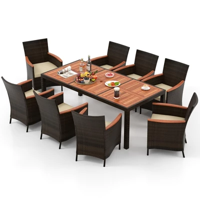 Costway 9PCS Patio Rattan Dining Set Armrest Cushioned Chair With Acacia Wood Table, 1.96" Umbrella Hole 11 Costway 9PCS Patio Rattan Dining Set Armrest Cushioned Chair With Acacia Wood Table, 1.96" Umbrella Hole - Image 9