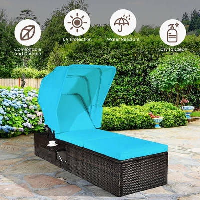Costway Patio Rattan Lounge Chair Chaise Cushioned Top Canopy Adjustable Turquoise 6 Costway Patio Rattan Lounge Chair Chaise Cushioned Top Canopy Adjustable Turquoise - Image 4