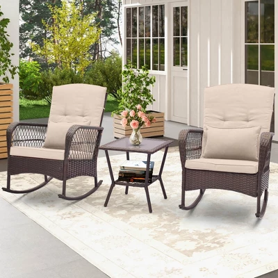 Costway 3 PCS Patio Rocker Set Outdoor Wicker Rocking Chairs With Double-Layer Coffee Table Gray/Navy/Beige/Red 12 Costway 3 PCS Patio Rocker Set Outdoor Wicker Rocking Chairs With Double-Layer Coffee Table Gray/Navy/Beige/Red - Image 10