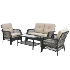 Costway 4PCS Patio Wicker Furniture Set Loveseat Sofa Coffee Table W/ Cushion -Costway GUEST 88f01679 f707 4e96 9799 df8612e03cb1
