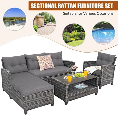 Costway 4PCS Patio Rattan Furniture Set Cushioned Loveseat Table Shelf Gray 10 Costway 4PCS Patio Rattan Furniture Set Cushioned Loveseat Table Shelf Gray - Image 8