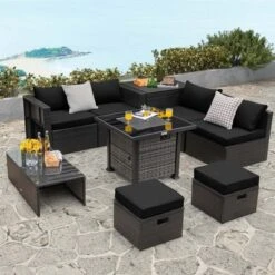 Costway 9 Pieces Patio Furniture Set With 50,000 BTU Propane Fire Pit Table Black/Gray/Navy/Red/White/Turquoise -Costway GUEST 89479a0f 28f3 4016 9e01 cedf2d4ba385