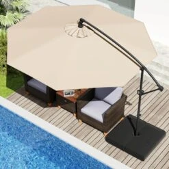 Costway 10 FT Offset Hanging Umbrella With Base Patio Cantilever Umbrella 360° Rotation Brown/Turquoise/Beige/Gray/Red