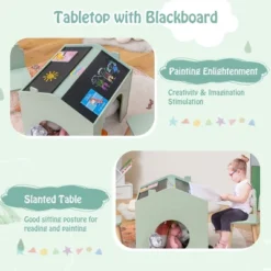 Costway 3 Piece Kids Wooden Table And Chair Set With Blackboard For Drawing Reading Green/Gray/White -Costway GUEST 8beffede 7a3f 42c7 892d 12a61005f670