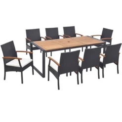 Costway 9 Pieces Patio Rattan Dining Set With Acacia Wood Table, 1.9" Umbrella Hole