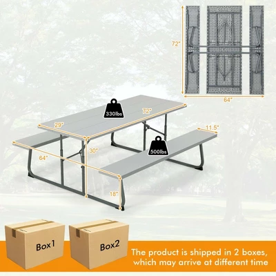 Costway Folding Picnic Table With 2 Benches All Weather Wood-like Tabletop Umbrella Hole Black/Grey/Green/White 4 Costway Folding Picnic Table With 2 Benches All Weather Wood-like Tabletop Umbrella Hole Black/Grey/Green/White - Image 2
