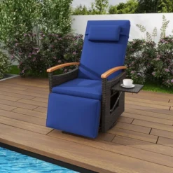 Costway Outdoor 360° Swivel Rattan Recliner Chair Patio Wicker Chaise Lounge Chair Beige/Navy -Costway GUEST 8e4ed672 f1b5 4784 8295 f0fe38735a0a
