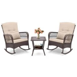 Costway 3 PCS Patio Rocker Set Outdoor Wicker Rocking Chairs With Double-Layer Coffee Table Gray/Navy/Beige/Red