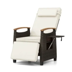 Costway 1/2 PCS Patio Wicker Recliner Chair With Adjustable Backrest Footrest Flip Side Table White/Black