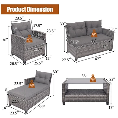 Costway 4PCS Patio Rattan Furniture Set Cushioned Loveseat Table Shelf Gray 4 Costway 4PCS Patio Rattan Furniture Set Cushioned Loveseat Table Shelf Gray - Image 2