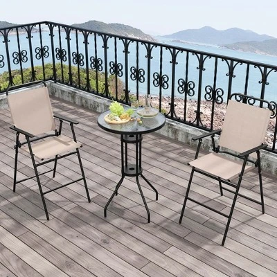 Costway 3PCS Patio Bistro Set Folding Chairs Round Bar Table With 1.6'' Umbrella Hole Yard 5 Costway 3PCS Patio Bistro Set Folding Chairs Round Bar Table With 1.6'' Umbrella Hole Yard - Image 3