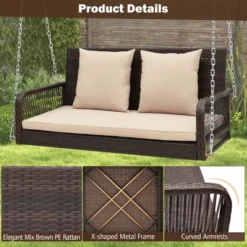 Costway Patio Wicker Porch Swing 2-Person Hanging Loveseat Bench Chair With Cushions Beige/Black -Costway GUEST 909bb6f6 061f 487c 9d6c 384d4dc0b715