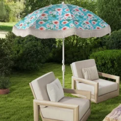 Costway 6.5 FT Outdoor Fringe Patio Umbrella With Carrying Bag Push Button Tilt For Garden White/Navy/Green -Costway GUEST 9192e812 a61d 4ab8 9c6c b4cddb7297bb
