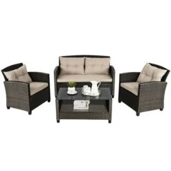 Costway 4PCS Outdoor Rattan Furniture Set Cushioned Sofa Armrest Chair Lower Shelf Brown