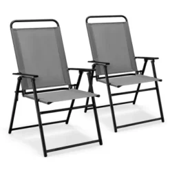 Costway 2pcs Patio Folding Chairs Dining Armrest Backrest Outdoor Portable Gray/Black -Costway GUEST 9518f394 396e 4852 a5b5 768fcef23e04