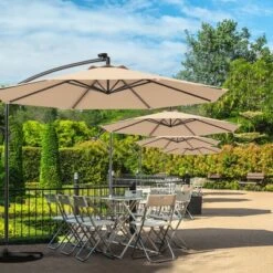 Costway 10' Hanging Solar LED Umbrella Patio Sun Shade Offset Market W/Base Beige -Costway GUEST 9567f960 fb96 4c83 b690 240949742b7d