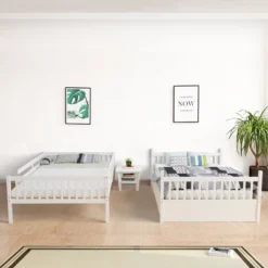 Costway Full Over Full Bunk Bed Platform Wood Bed W/ Trundle & Ladder Rail Brown/White -Costway GUEST 95ba6a1b 8ce2 4a45 b181 d0a0c274ced1