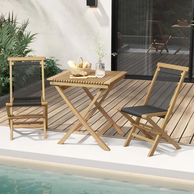 Costway 2/4 PCS Patio Folding Chairs With Woven Rope Seat & Back Indonesia Teak Wood For Porch Natural&Black 5 Costway 2/4 PCS Patio Folding Chairs With Woven Rope Seat & Back Indonesia Teak Wood For Porch Natural&Black - Image 3