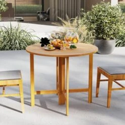 Costway 2PCS 36" Outdoor Folding Round Dining Table With Slatted Tabletop For Backyard