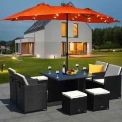 Costway 15Ft Patio Double-Sided Solar LED Market Umbrella Crank Base BeigeTanOrangeBurgundy -Costway GUEST 98969f5e 23e7 4646 8a8a 8869ef453f6b