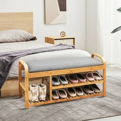 Costway Shoe Rack Entryway 3-Tier Bamboo Shoe Bench Organizer W/Cushion Modern Stool 5 Costway Shoe Rack Entryway 3-Tier Bamboo Shoe Bench Organizer W/Cushion Modern Stool - Image 3