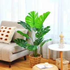 Costway 4FT Artificial Monstera Deliciosa Plant Palm Tree W/ Cement-Filled Pot Indoor Outdoor