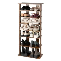 Costway Patented 7-Tier Double Rows Shoe Rack Vertical Wooden Shoe Storage Organizer Rustic White/Brown -Costway GUEST 991ffc79 cbd7 407f 909b 52fef385639a