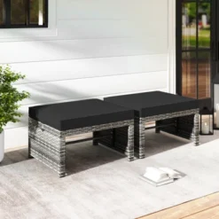 Costway Patio Ottomans Set Of 2 PE Rattan Footstools With Removable Cushions & Metal Frame Red/Gray/Black/White/Turquoise/Navy