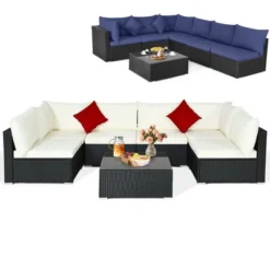 Costway 7PCS Patio Rattan Furniture Set Sectional Sofas Off White & Navy Cushion Covers -Costway GUEST 9a94a79f 6eba 42b3 9868 1a28550fd9c2