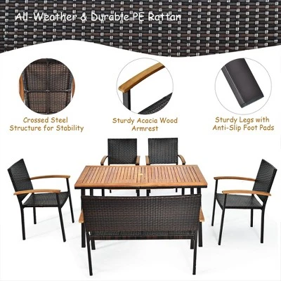 Costway 6 PCS Patio Rattan Dining Set Acacia Wood Table Stackable Chair Bench 9 Costway 6 PCS Patio Rattan Dining Set Acacia Wood Table Stackable Chair Bench - Image 7