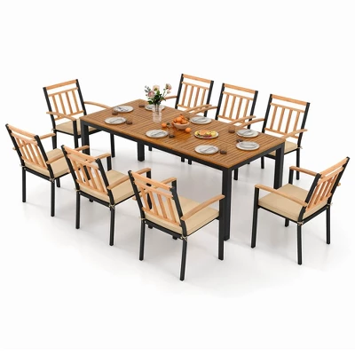 Costway 9 PCS Outdoor Dining Table & Chairs Set Table With Acacia Wood Top Umbrella Hole 9 Costway 9 PCS Outdoor Dining Table & Chairs Set Table With Acacia Wood Top Umbrella Hole - Image 7