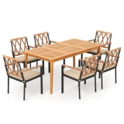 Costway 7 PCS Patio Acacia Wood Dining Set With Soft Seat Cushions Umbrella Hole Outdoor