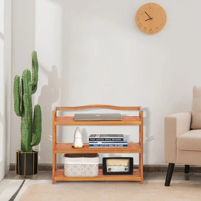 Costway 3-Tier Wood Shoe Rack Solid Acacia Wood Shoe Shelf With Side Metal Hooks 4 Costway 3-Tier Wood Shoe Rack Solid Acacia Wood Shoe Shelf With Side Metal Hooks - Image 2