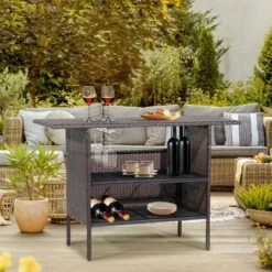 Costway Patio Garden Rattan Wicker Bar Height Counter Table Storage Shelf Rail